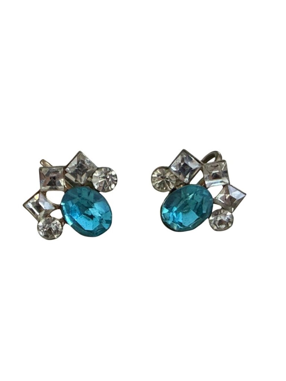 Vintage Screw-Back Earrings  Blue & Clear Rhinestones Gold-Tone Setting MCM